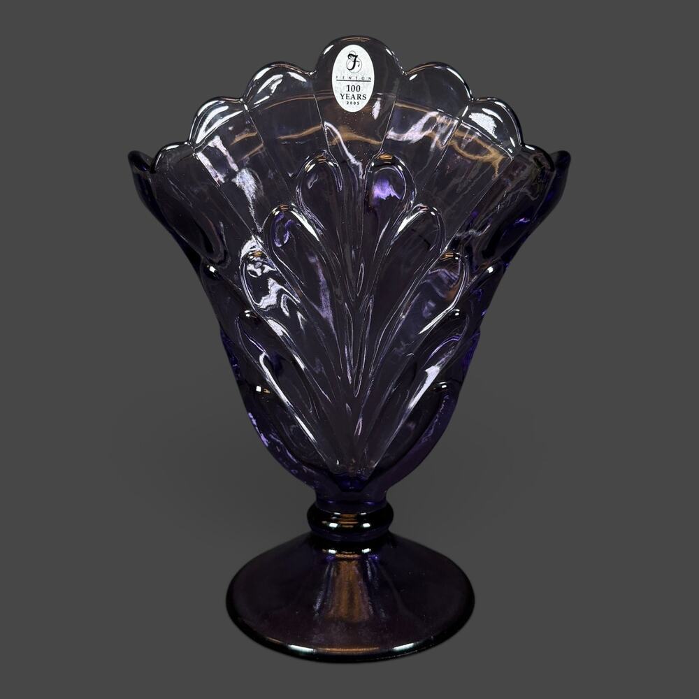 FENTON ART GLASS AMETHYST PURPLE SCALLOPED EDGE VASE 8" Tall 100 years 2005